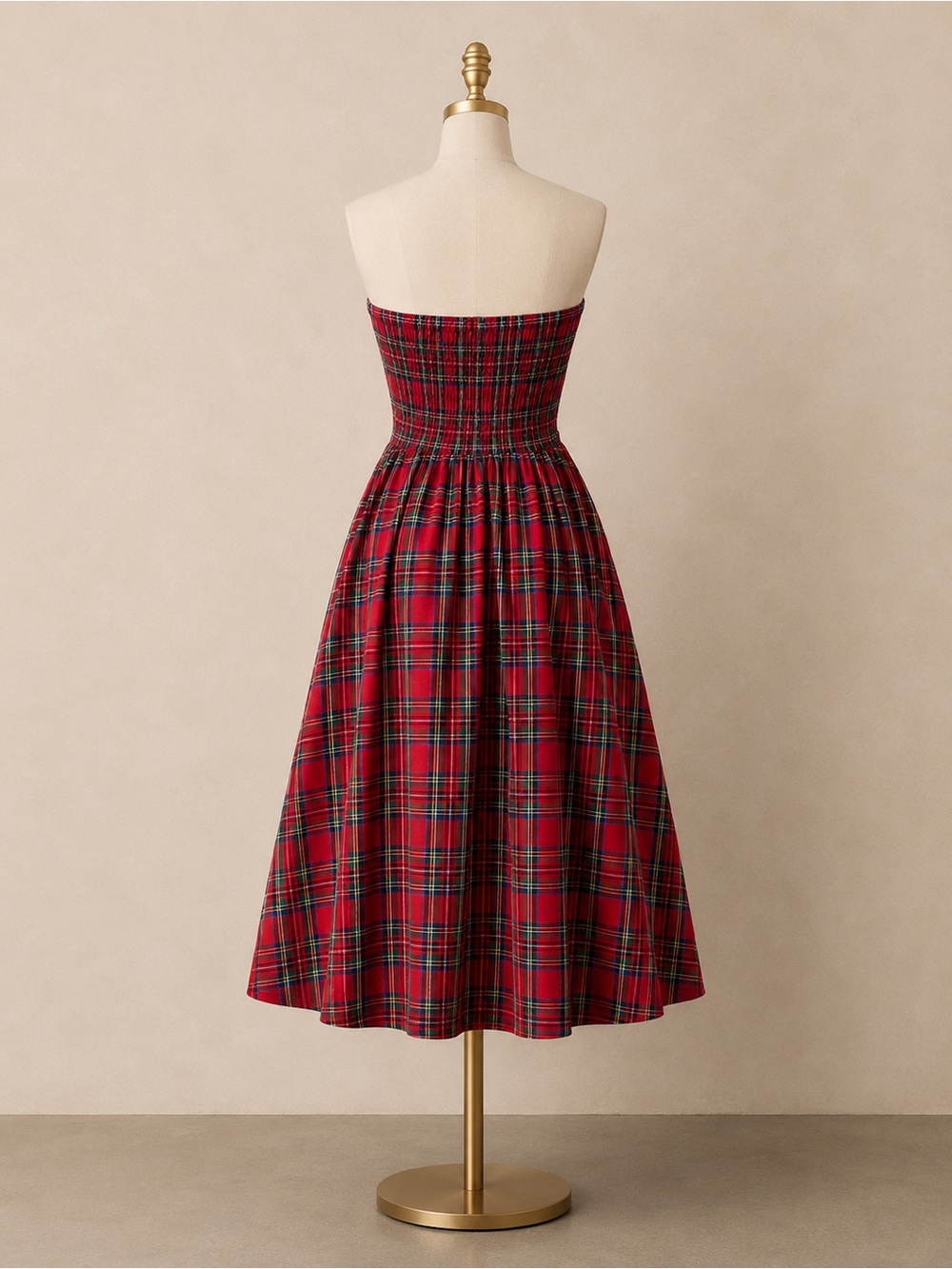 Size small entro classic plaid Red Tartan Strapless Midi Dress - Picture 2 of 3
